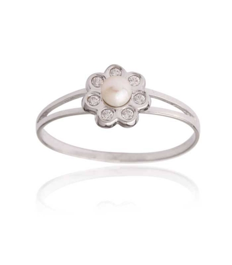 Conjunto Flor Oro blanco 18k perla y circonitas