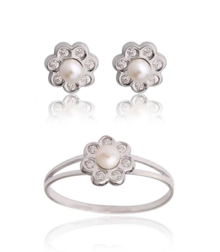 Conjunto Flor Oro blanco 18k perla y circonitas