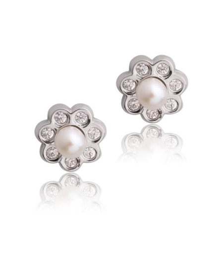 Conjunto Flor Oro blanco 18k perla y circonitas
