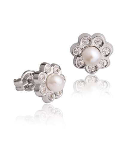 Conjunto Flor Oro blanco 18k perla y circonitas