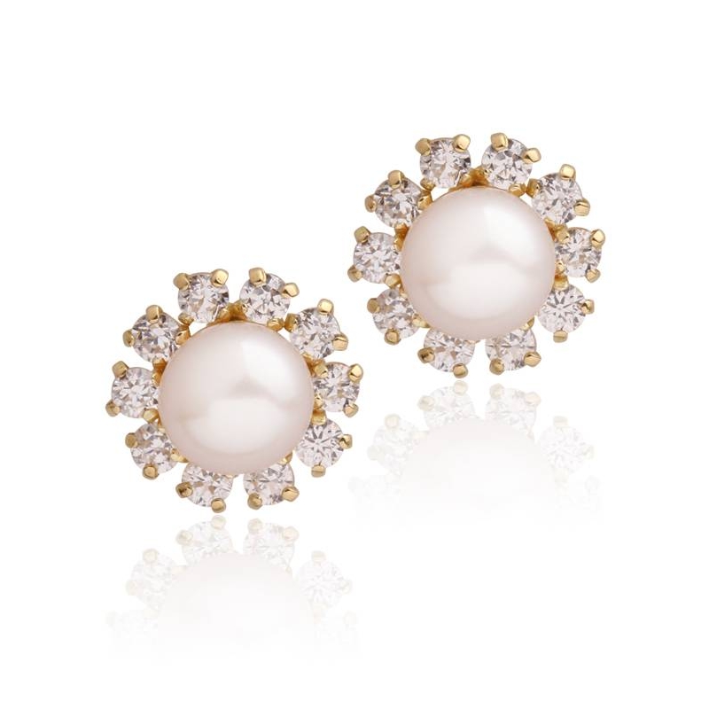 Pendientes niña flor Oro 18k perla y circonitas