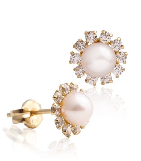 Pendientes niña flor Oro 18k perla y circonitas