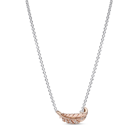 COLLAR PANDORA PLATA PLUMA CURVADA BAÑO DE ORO ROSA 14K 382575C01