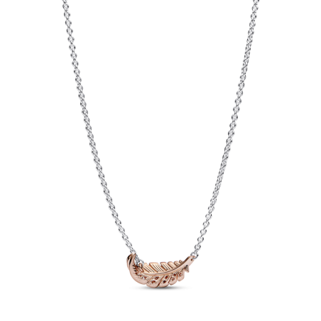 COLLAR PANDORA PLATA PLUMA CURVADA BAÑO DE ORO ROSA 14K 382575C01