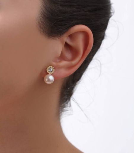 Pendientes oro 18k, circonita y perla cultivada