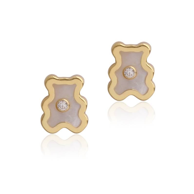 Pendientes Osito nácar, circonita y oro 18k