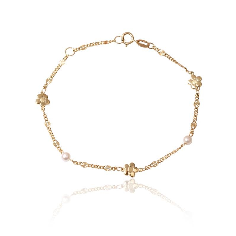 Pulsera Oro 18k flores y perlas