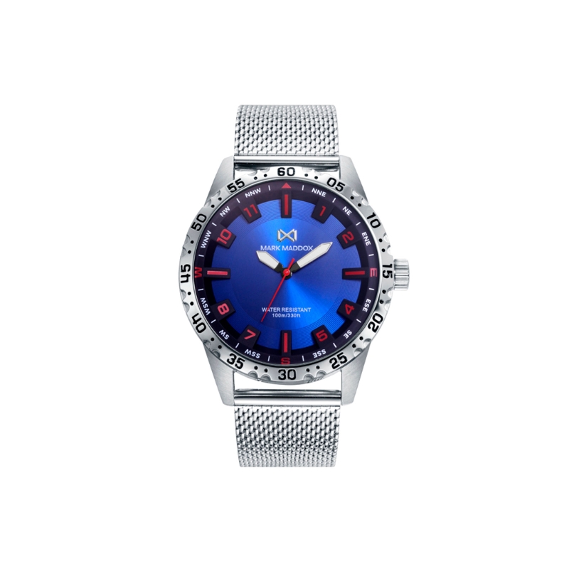 Reloj Mark Maddox hombre Mission esfera azul índices rojos malla de acero HM0133-34