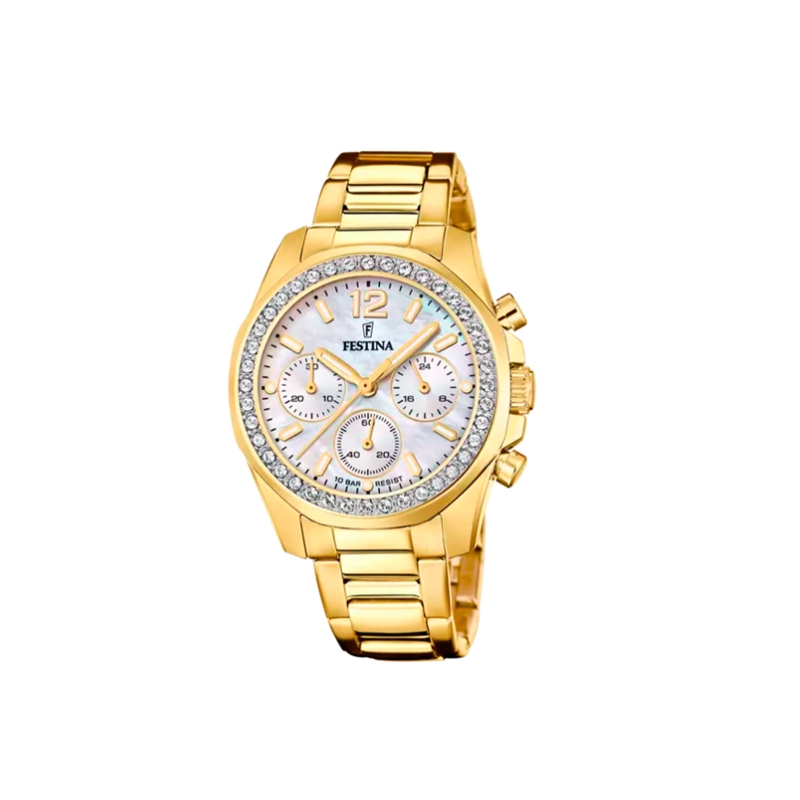 Reloj Festina mujer Rainbow esfera beige circonitas correa dorada F20609/1