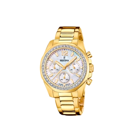 Reloj Festina mujer Rainbow esfera beige circonitas correa dorada F20609/1