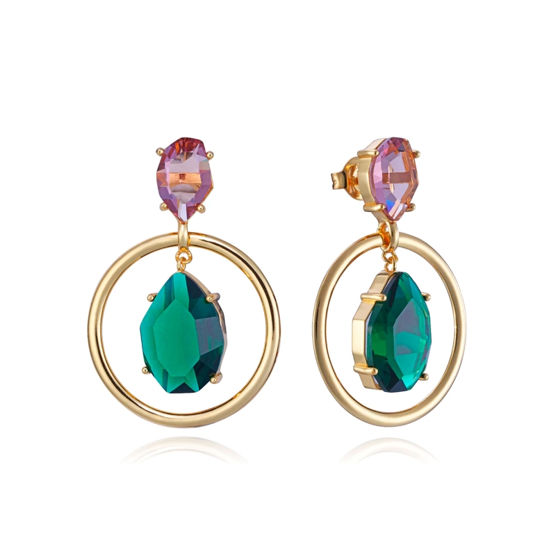 Pendientes Viceroy plata de ley con baño de oro aro y cristales en color rosa y verde 13166E100-59