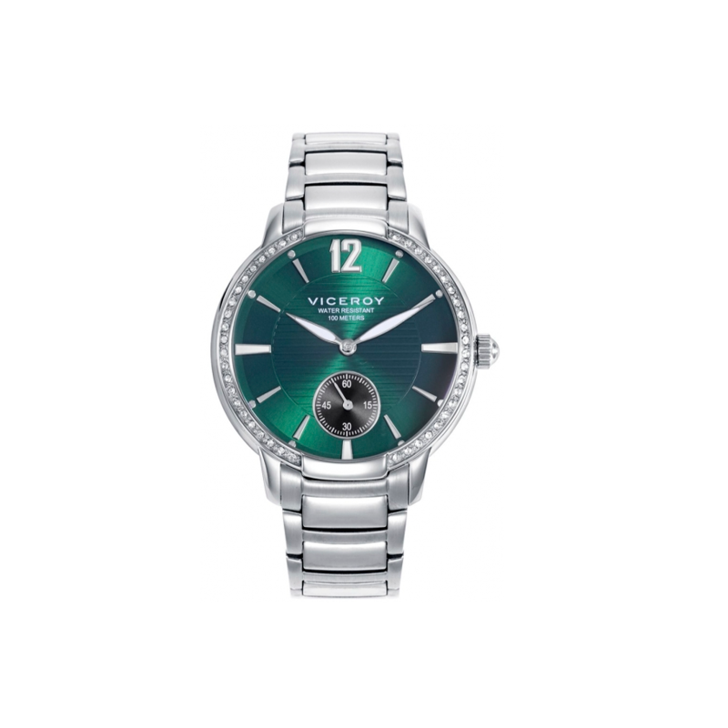 Reloj Viceroy mujer esfera verde con circonitas y correa plateada 401204-65