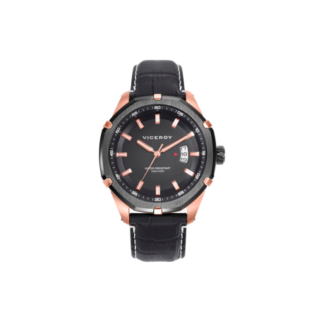 Reloj Viceroy hombre esfera negra y oro rosa y correa cuero negro 46831-57