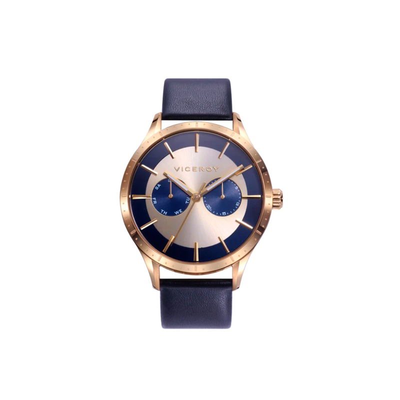 Reloj Viceroy hombre Beat multifunción con correa de piel azul y bisel dorado 471323-97