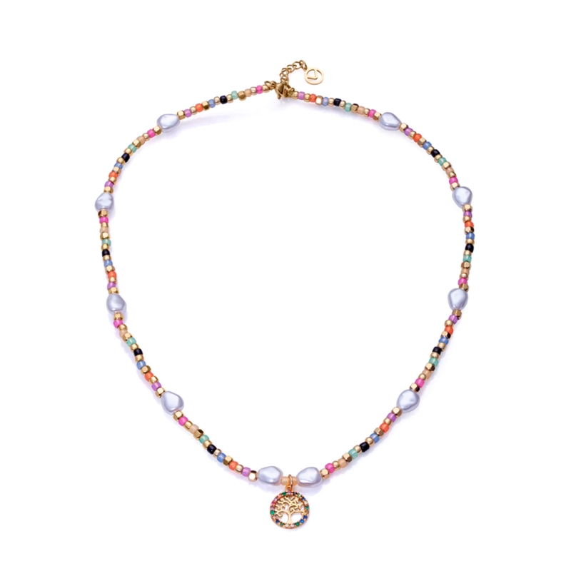 Collar Viceroy Kiss de acero Ip dorado con cuentas de cristal y perla sintéticas 14091C01019