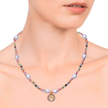 Collar Viceroy Kiss de acero Ip dorado con cuentas de cristal y perla sintéticas 14091C01019