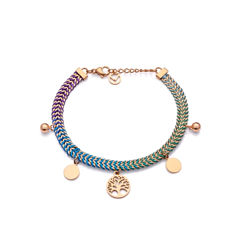Pulsera Viceroy Kiss de acero ip dorado con cordón azul y colgantes 14036P01013