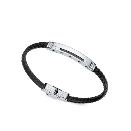 Pulsera Beat de acero y fibra de carbono con piel negra trenzada 14056P01010