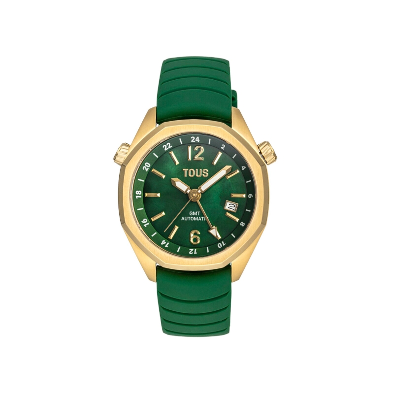 Reloj Tous gmt automático correa de silicona verde caja acero IPG dorado y esfera de nácar 3000133600