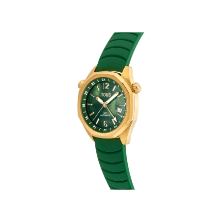 Reloj Tous gmt automático correa de silicona verde caja acero IPG dorado y esfera de nácar 3000133600