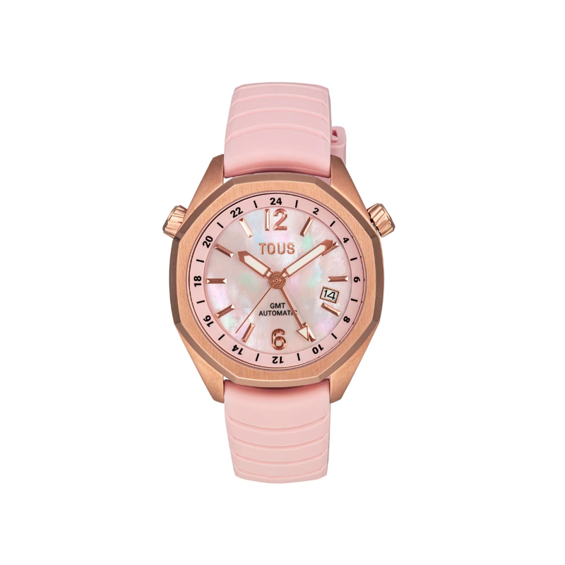 Reloj Tous gmt automático correa de silicona rosa caja acero IPG dorado y esfera de nácar 3000133800