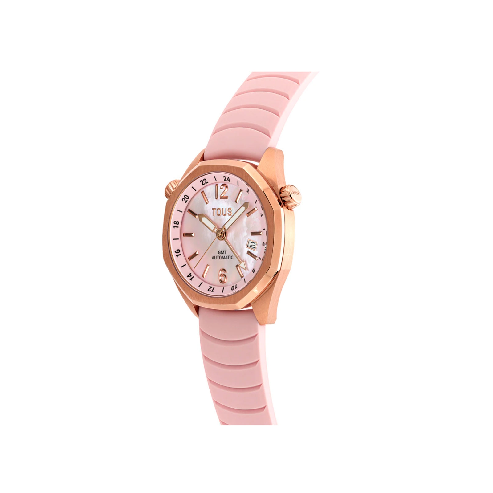 Reloj Tous gmt automático correa de silicona rosa caja acero IPG