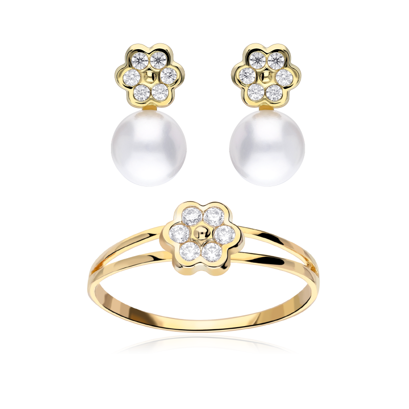 Conjunto Oro 18k, circonita y perla "Magical"