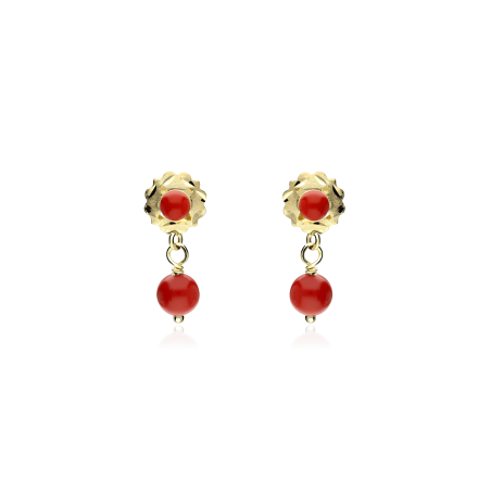 Pendientes gitanillas Oro 18k y corales "Flores"