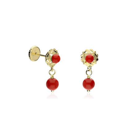 Pendientes gitanillas Oro 18k y corales "Flores"