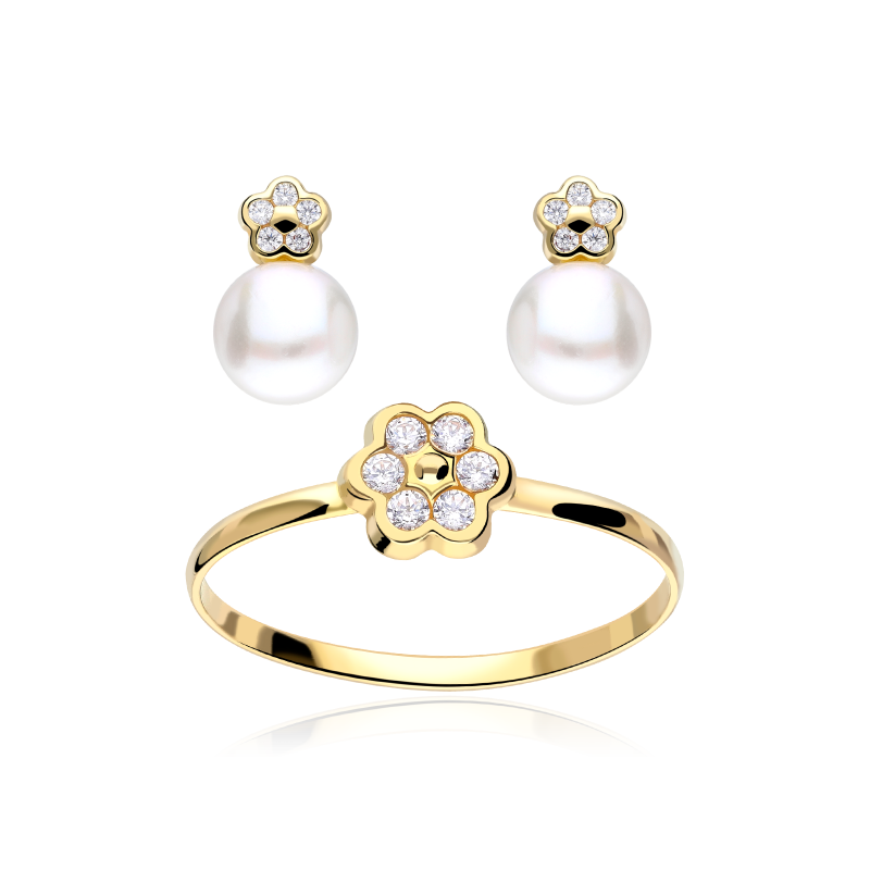 Conjunto Oro 18k, circonitas y perlas "Flora"