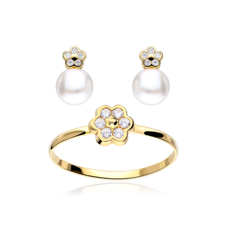 Conjunto Oro 18k, circonitas y perlas "Flora"