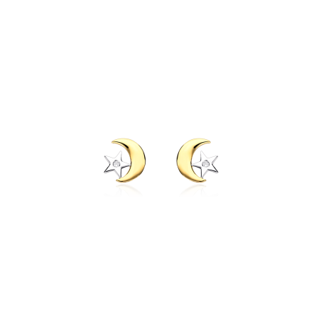 Pendientes "Luna Estrellada" Oro Bicolor 18k y circonitas