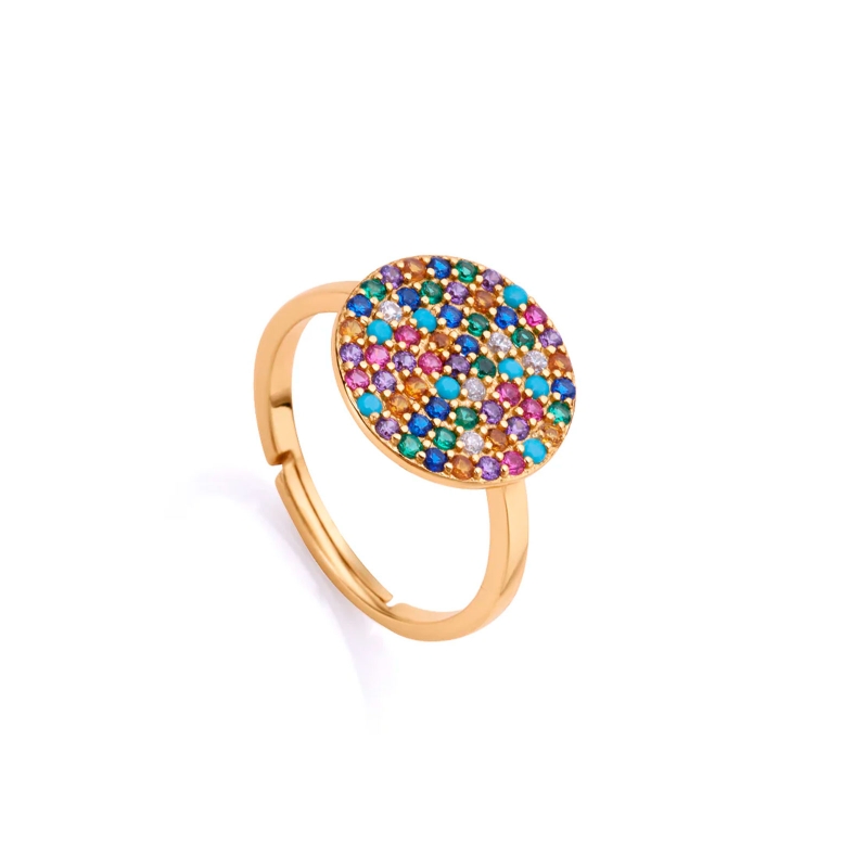 Anillo Elegant de plata de ley con baño de oro y disco con circonitas multicolor 13071A01