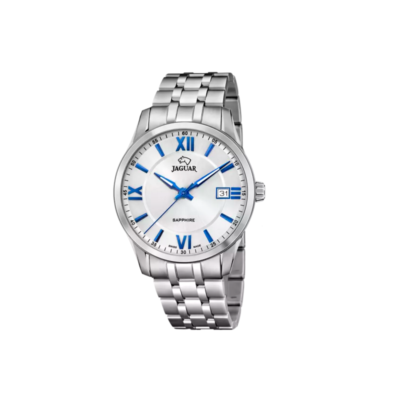 Reloj Suizo Jaguar Acamar Classique correa plateada detalles azules hombre J964/1