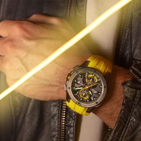 Reloj Lotus Vortex correa caucho amarilla esfera negra hombre 18943/1