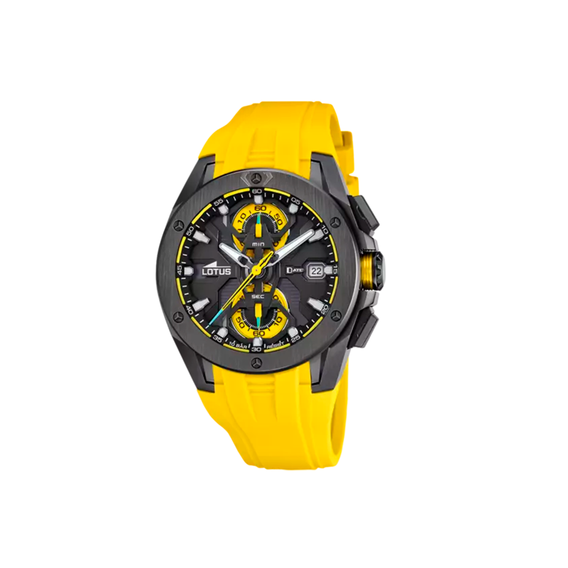 Reloj Lotus Vortex correa caucho amarilla esfera negra hombre 18943/1