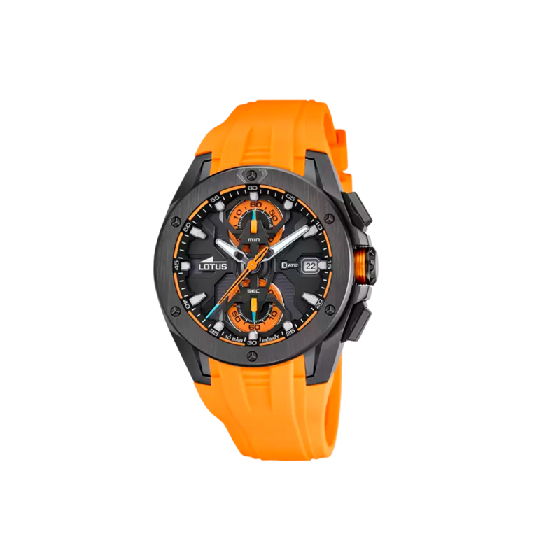 Reloj Lotus Vortex correa caucho naranja y esfera negra hombre 18943/3