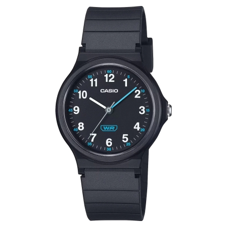 Reloj Casio esfera negra detalles azules y correa de resina mujer LQ-24B-1BEF