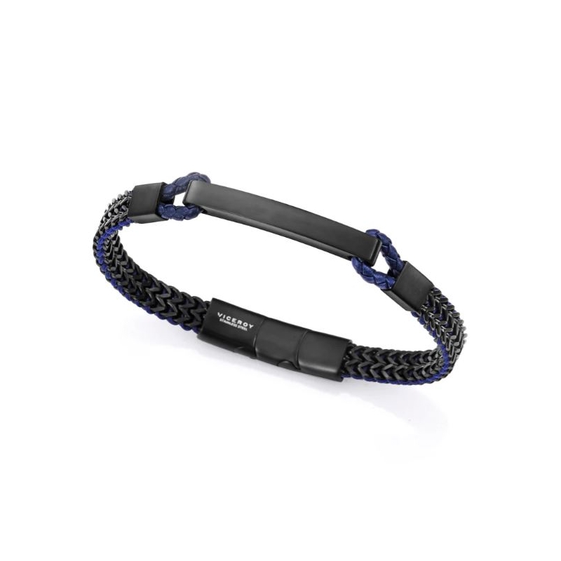 Pulsera Viceroy hombre acero Ip negra trenzada piel azul 14219P01010