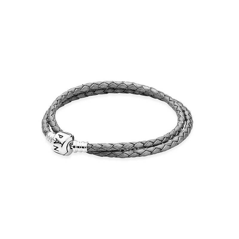 Pulsera doble en cuero gris plateado con cierre PANDORA 590705CSG-D