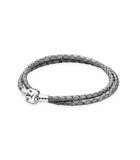 Pulsera doble en cuero gris plateado con cierre PANDORA 590705CSG-D