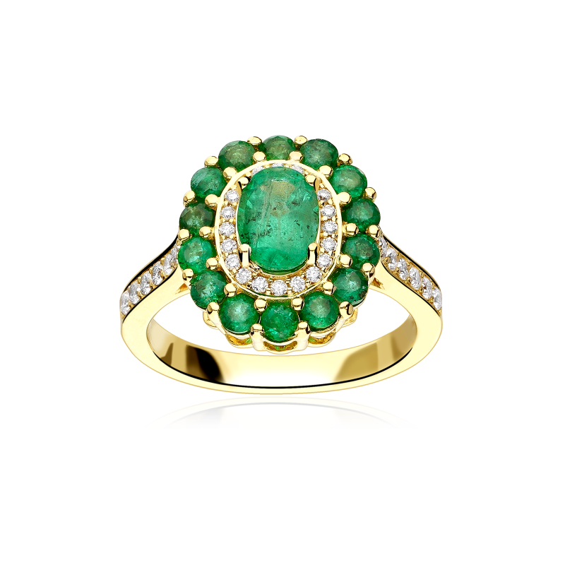 Anillo Oro 18k, esmeraldas y diamantes 0.30cts "Glazed"