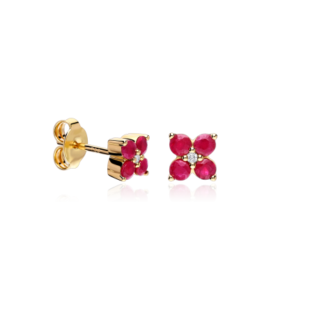 Pendientes Oro 18k, rubí y diamantes 0.02cts "Spring"