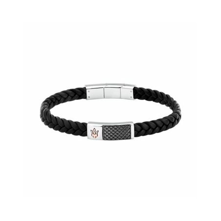 Pulsera Maserati Hombre Acero y Piel Trenzada Negra JM424AVE26