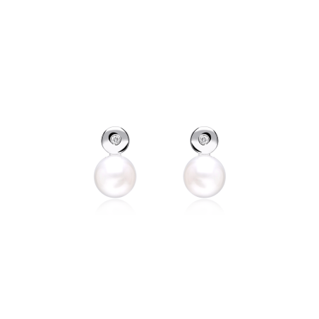 Pendientes Oro 18k, perla y diamante 0.03cts "Bella Luce"