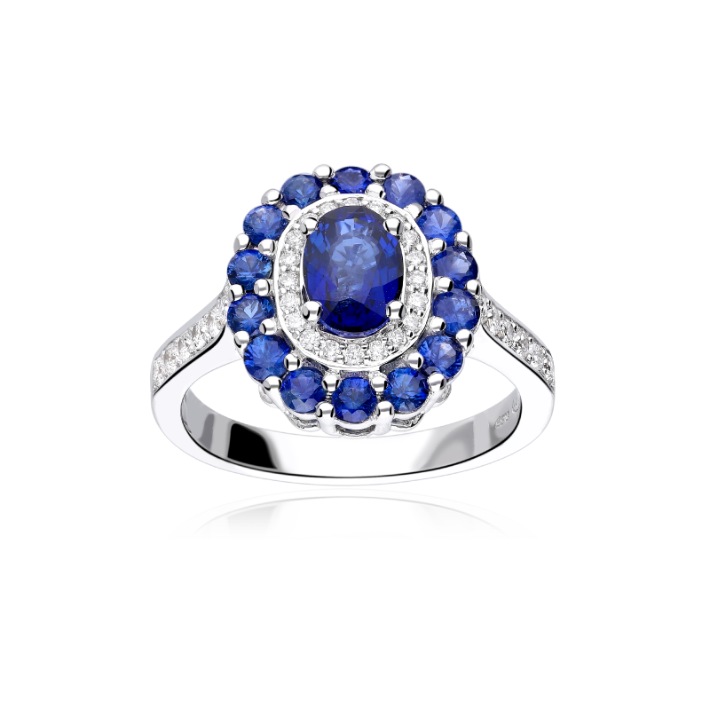 Anillo Oro Blanco 18k, zafiro y diamantes 0.30cts "Glazed"