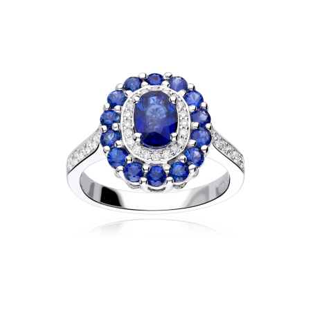 Anillo Oro Blanco 18k, zafiro y diamantes 0.30cts "Glazed"
