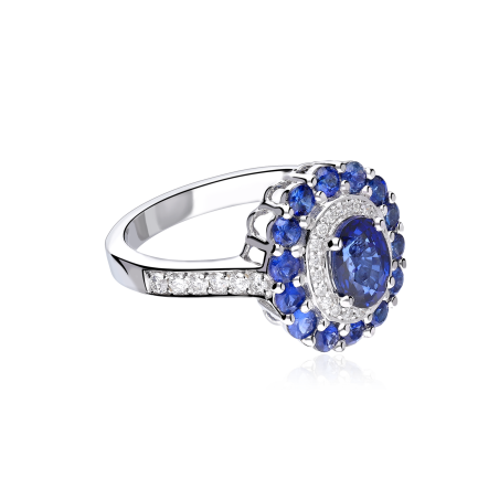 Anillo Oro Blanco 18k, zafiro y diamantes 0.30cts "Glazed"
