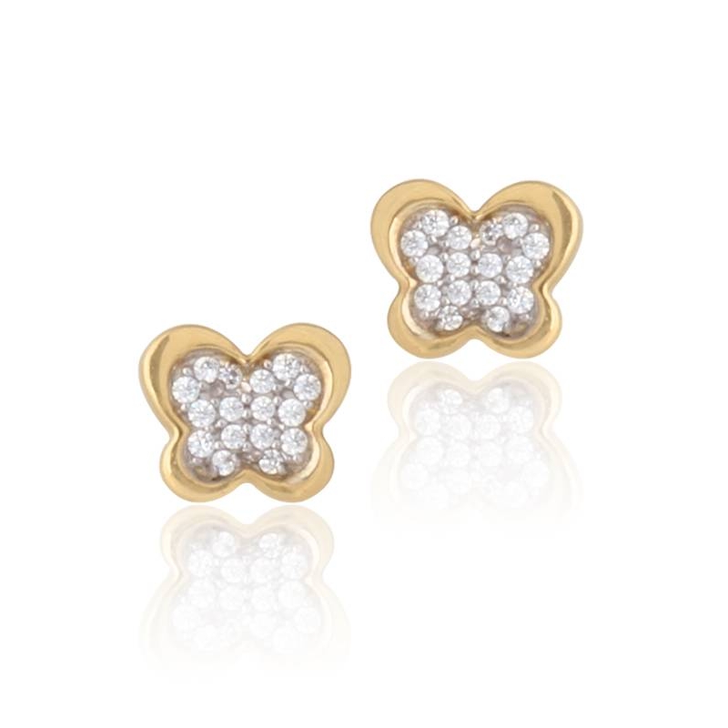 Pendientes Niña Oro Bicolor 18K Mariposa Circonita Mate y Brillo