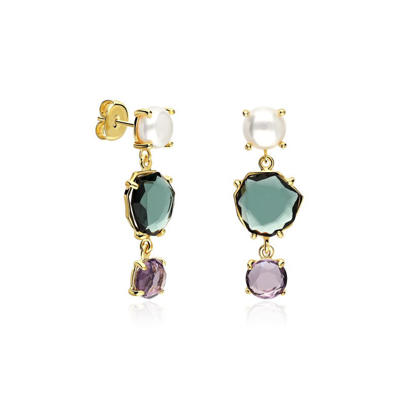 Pendientes Plata baño Perla y piedra "Naru"